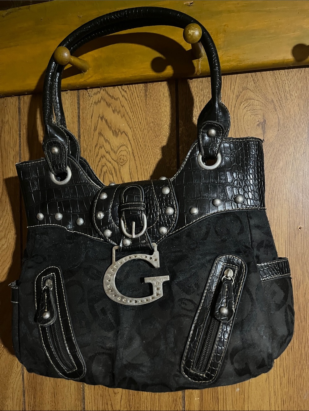 Guess Black Shoulder Bag with Silver 'G' Accent